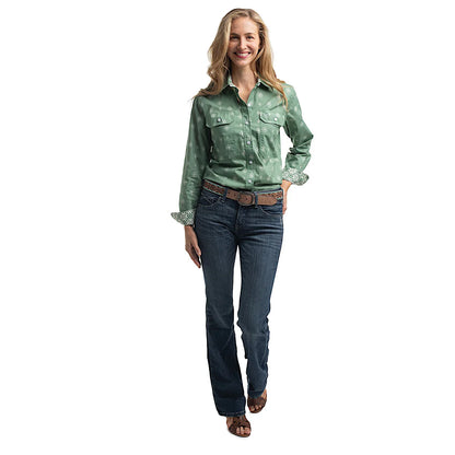 Just Country Women's Abbey Frills Full Button Print Work Shirt Eucalyptus & White Print