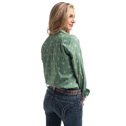 Just Country Women's Abbey Frills Full Button Print Work Shirt Eucalyptus & White Print
