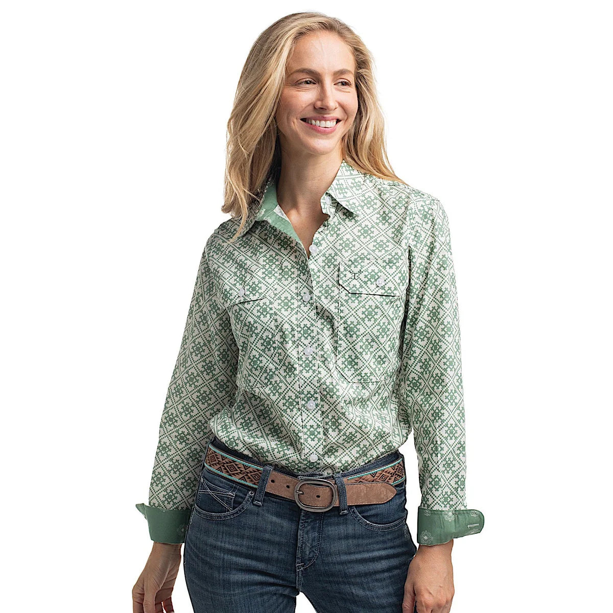 Just Country Women's Abbey Full Button Print Work Shirt White & Eucalyptus Tile Print