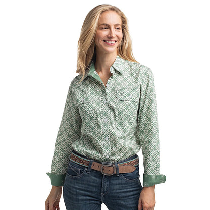 Just Country Women's Abbey Full Button Print Work Shirt White & Eucalyptus Tile Print