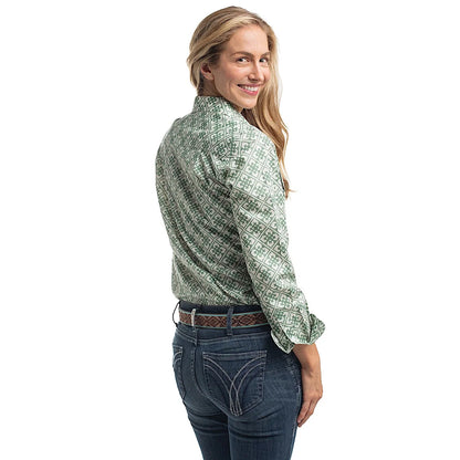 Just Country Women's Abbey Full Button Print Work Shirt White & Eucalyptus Tile Print