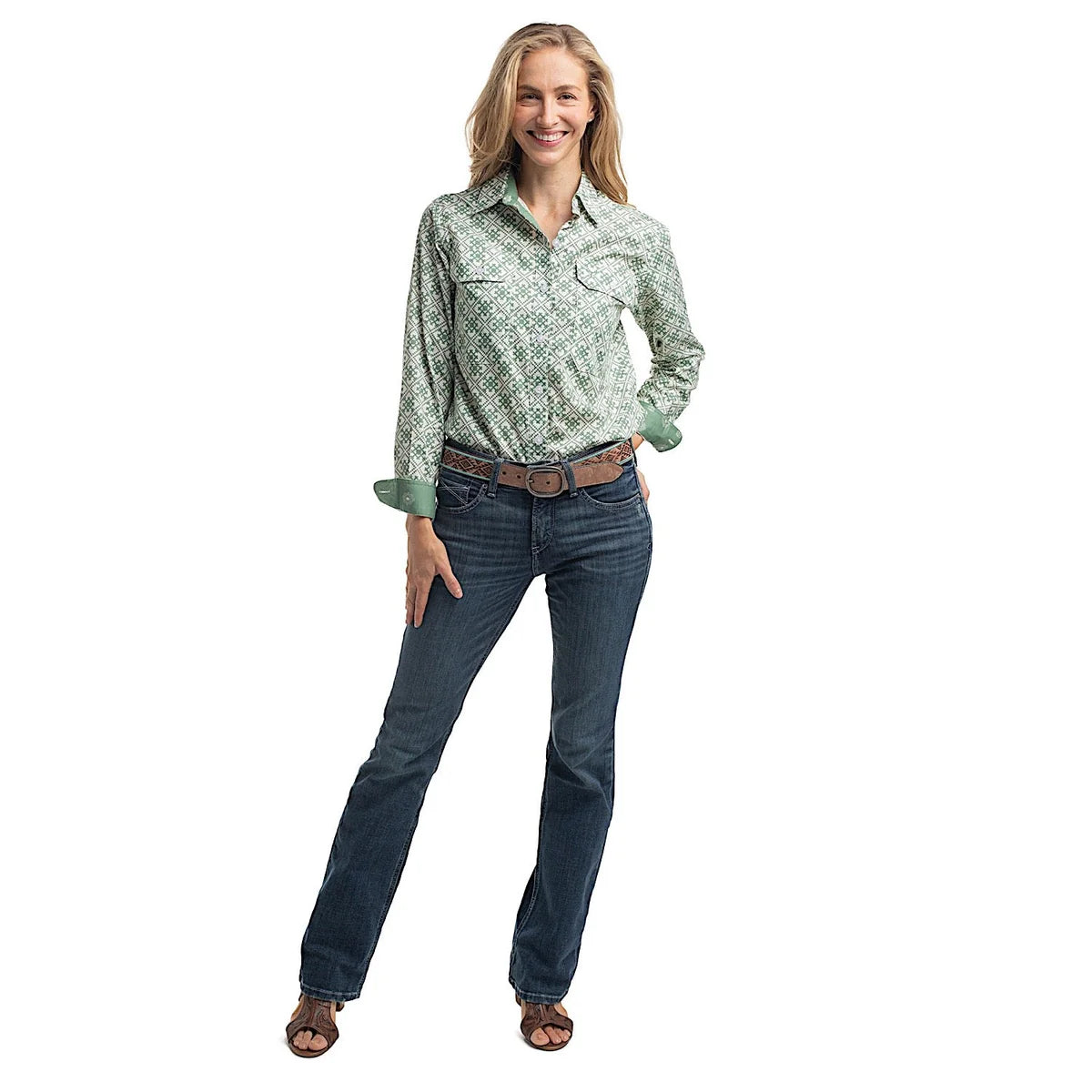 Just Country Women's Abbey Full Button Print Work Shirt White & Eucalyptus Tile Print