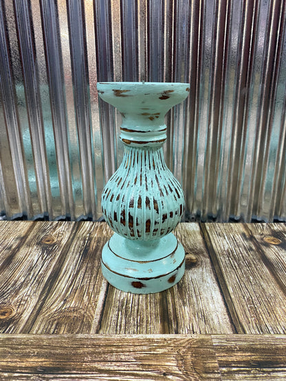 Hand Carved Timber Candle Holder - Turquoise