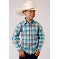 Roper Boys L/S Blue Checked Western Snap Shirt