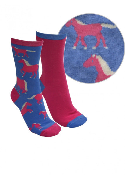 Kids Farmyard Socks Twin Packs Blue/Bright Pink